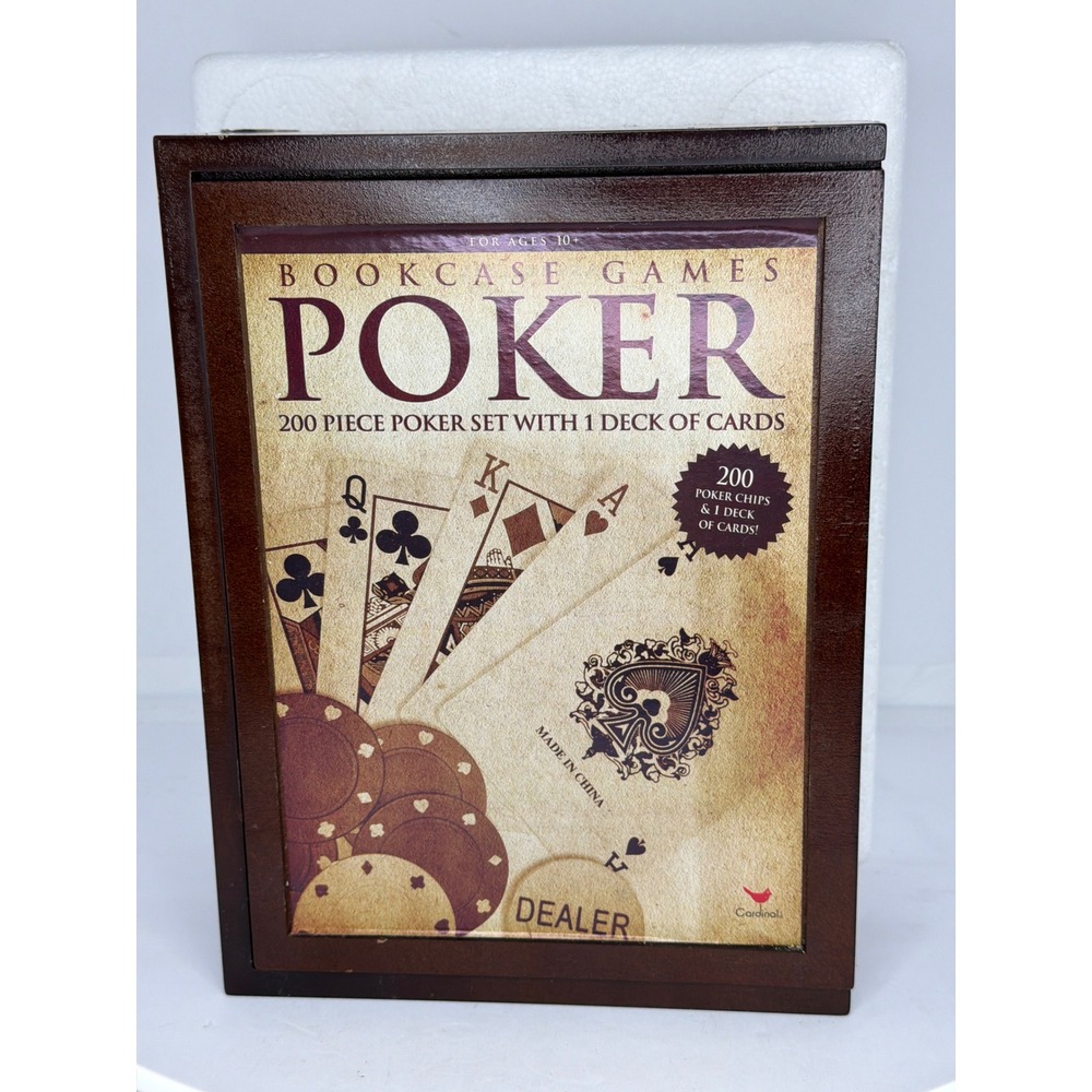 New Cardinal Bookcase Games Poker Set Wood 200 Chips Most Wanted Criminals Cards
